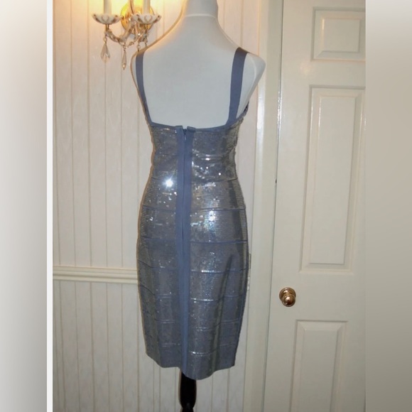HERVE LEGER GUN SMOKE SILVER SEQUINED BANDAGE DRESS SIZE S - Picture 3 of 5